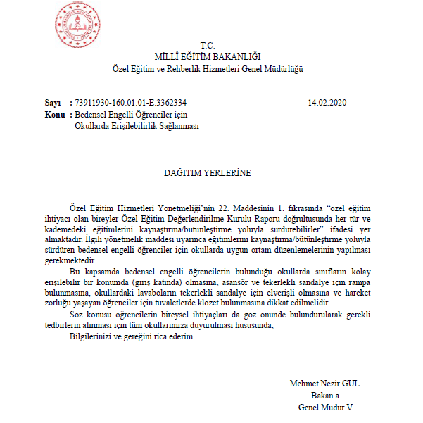 MEB'den Bedensel Engelli Öğrenciler İçin Okullarda Erişilebilirlik Sağlanması Yazısı