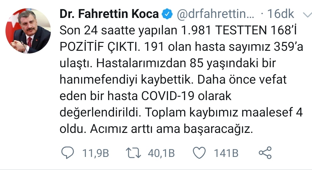 Koronavirüs Vakası 359 Oldu