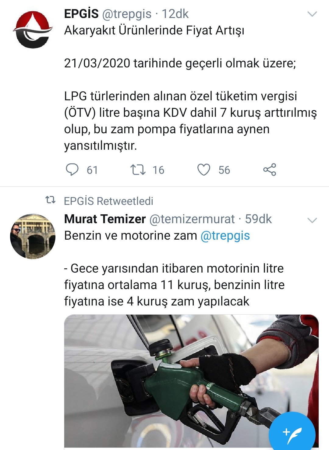Benzin Motorin ve LPG'ye Zam