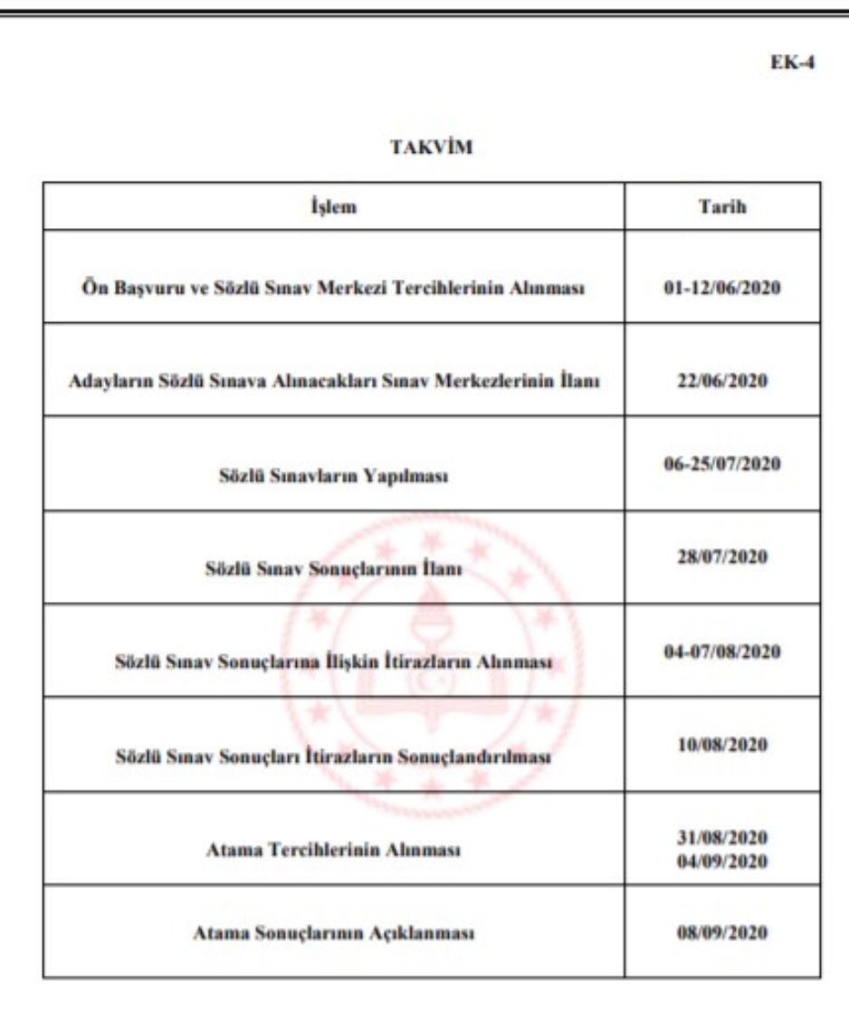 2020 EK ATAMA TAKVİMİ