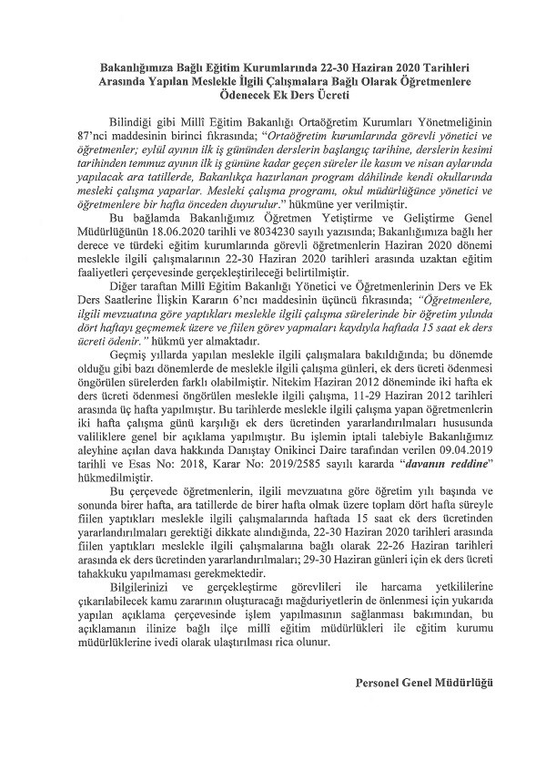 29-30 Haziran Tarihlerinde Seminer Ek Dersi Ödenecek mi?