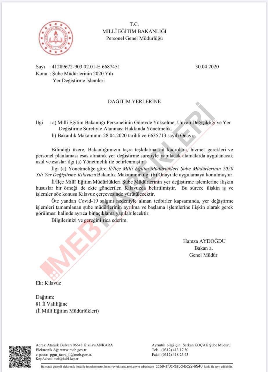 İl / İlçe MEM Şube Müdürlerinin 2020 Yılı Yer Değiştirme Kılavuzu yayımlandı