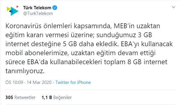 Türk Telekom ücretsiz EBA internet hizmetini 8 GB'e çıkardı