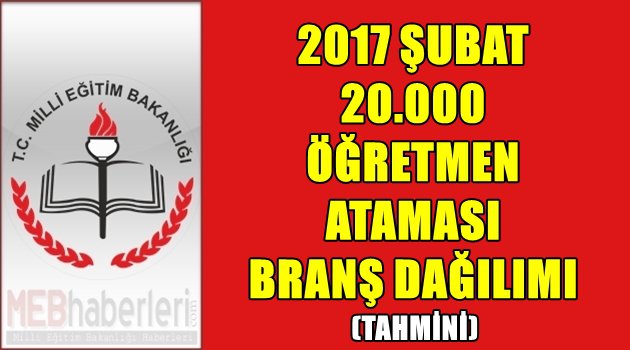 2017 Şubat 20.000 Öğretmen Ataması Branş Dağılımı - Tahmini